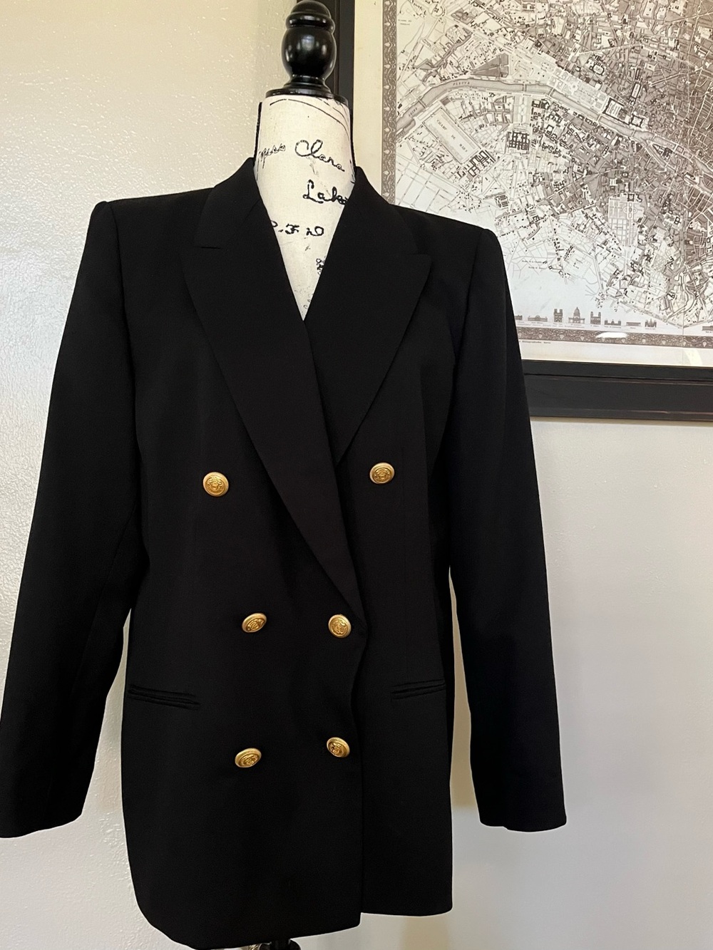 Pendleton Vintage Black Double-Breasted Wool Blazer with Gold Accent Buttons